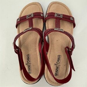 Minnetonka Prescott Leather Sandals Adjustable Back Strap Embellished Red
